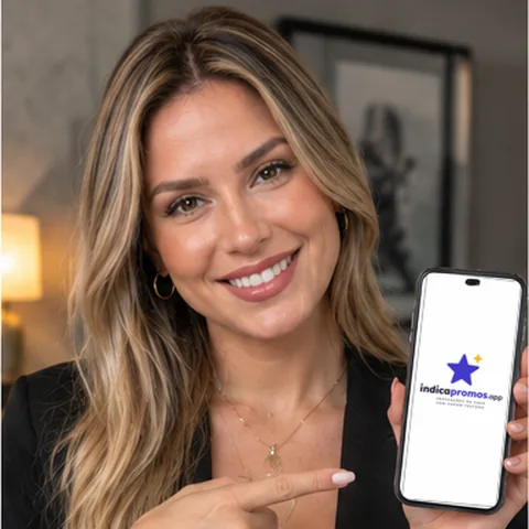 A Sofia sorrindo e apontando para a logo do site no celular